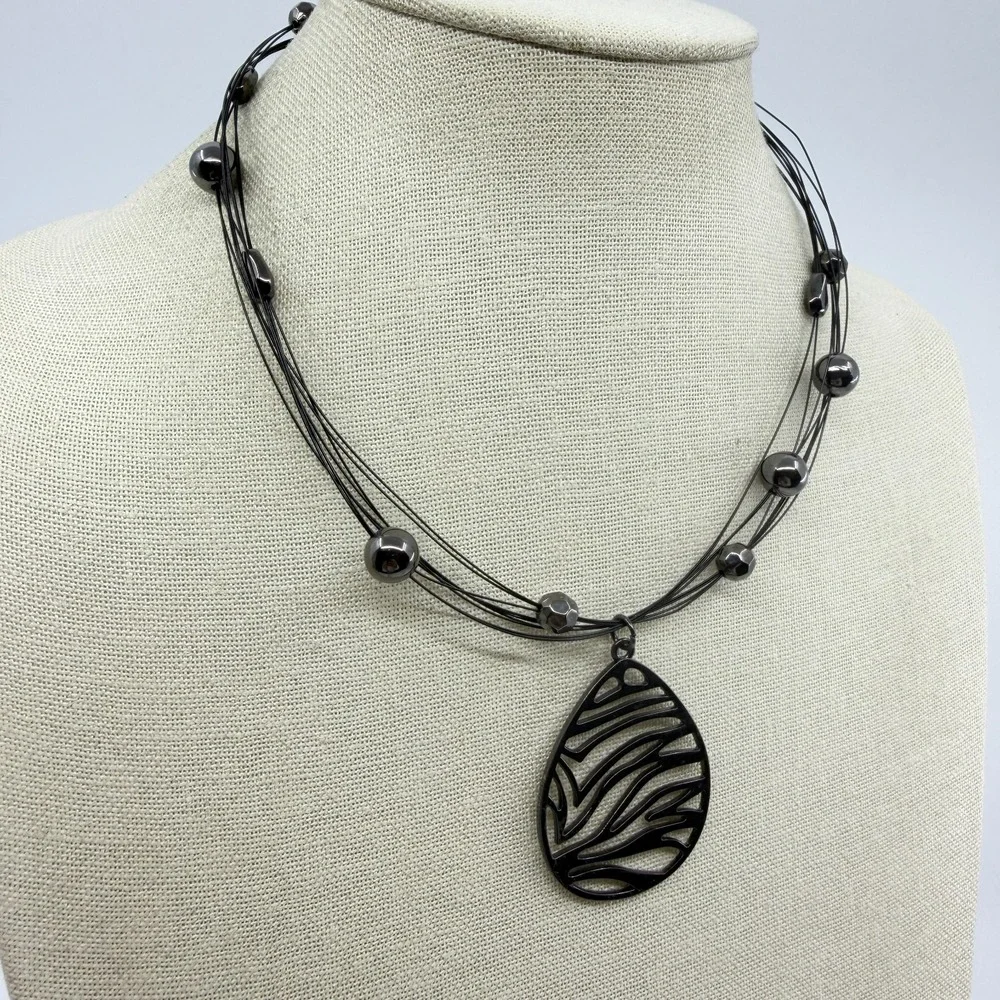 Gunmetal Zebra Teardrop Pendant Multi Strand Wire Necklace Statement Jewelry